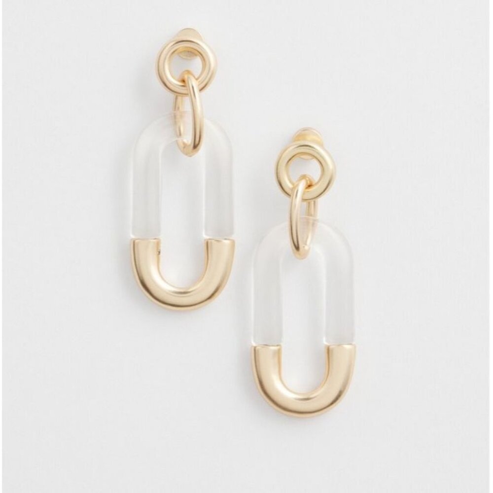 Chico's Earrings Neutral Link Lucite Gold Tone NWT Modern Artistic Coastal - Picture 1 of 3